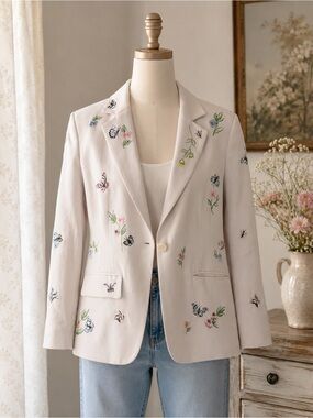 Butterfly & Floral Embroidered Blazer Jacket White Size 8P Petite READ